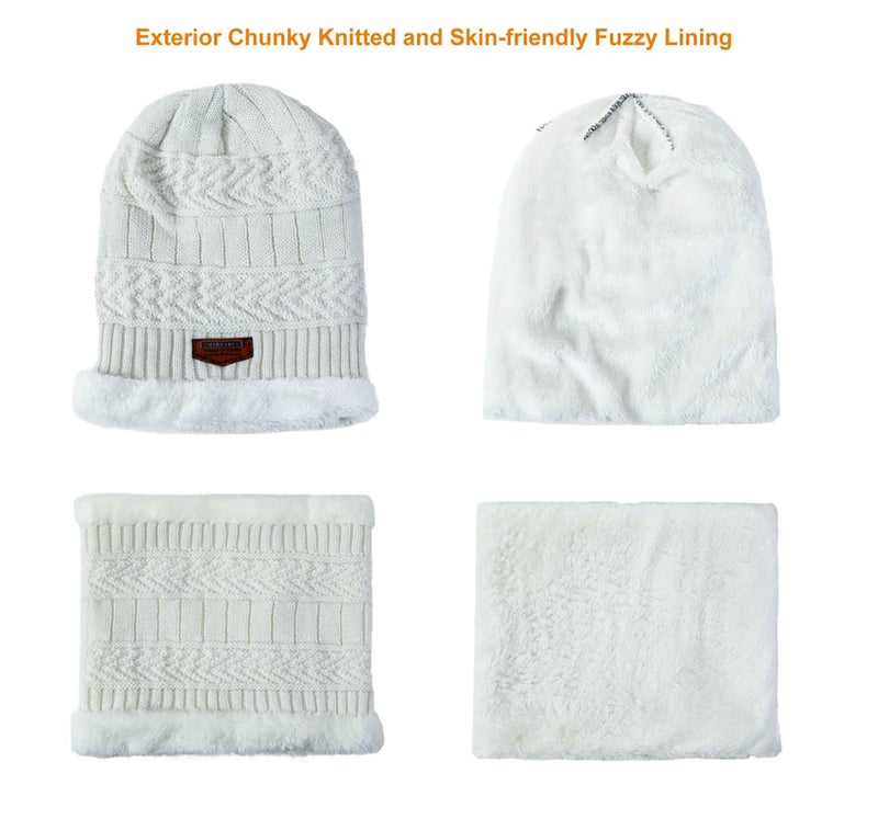 HINDAWI Winter Beanie Hat Scarf Gloves for Women Men Slouchy Snow Knit Skull Cap Infinity Scarf Touch Screen Mittens White - Image 2